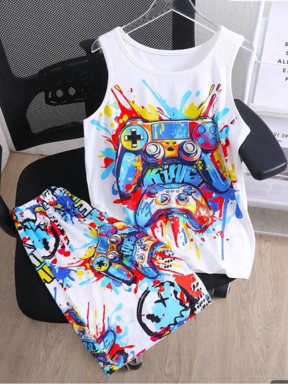 White Tank Top with shorts Multicolor Gaming Controller Graphic w/ socks